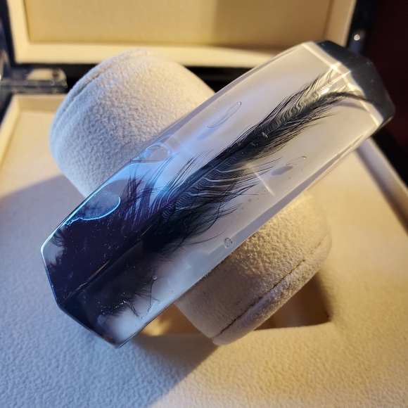 Vintage Clear Resin Bangle with Black Feathers - Picture 8 of 13